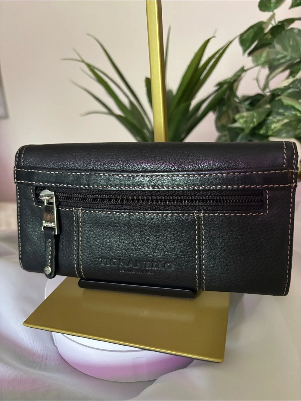 Tignanello Black Pebbled Leather Trifold Wallet